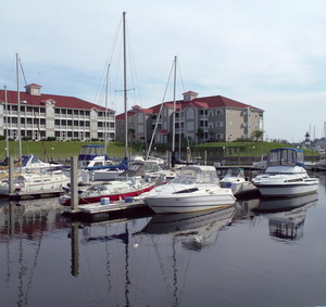 Boats docked at slips in Little River, SC