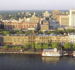 The Savannah, GA waterfront with cityscape